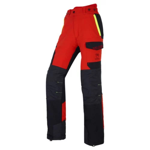 pantalon solidur anti coupure rouge noir et jaune avec empiecement tissu protection contre coupure de tronçonneuses
