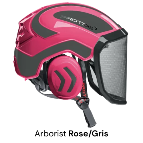 casque de protection forestier pfanner protos integral arborist jugulaire rose gris